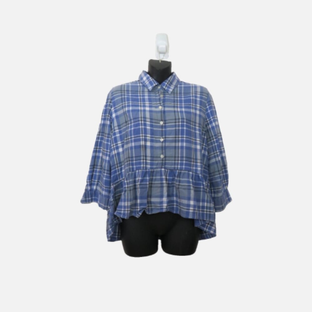 Trovata Birds Paradis size Small Blue Plaid Button Down Shirt Peplum Long Sleeve